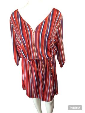 love J Red Multicolor Vertical Stripe V-Neck Tunic Dress